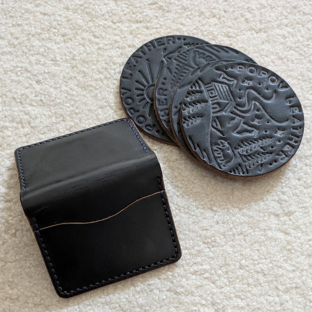 Hand Stitched Leather Card Holder, Wallet and Coasters Bundle